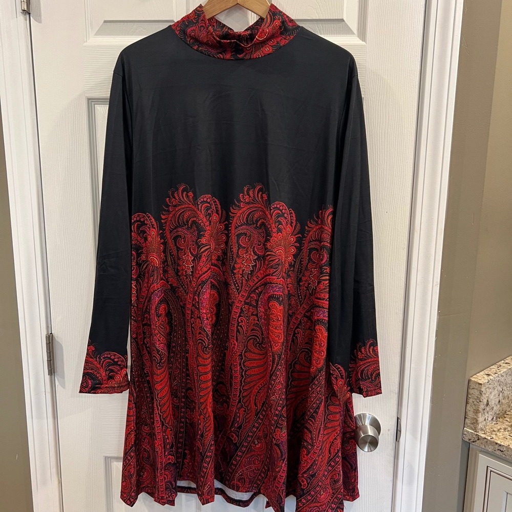 Black Red Paisley Mock Neck Long Sleeve Tunic Dress A-Line Boho Mini